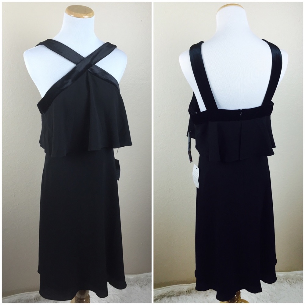 Maggy London Black Popover Velvet Trim Party Dress - Picture 4 of 5